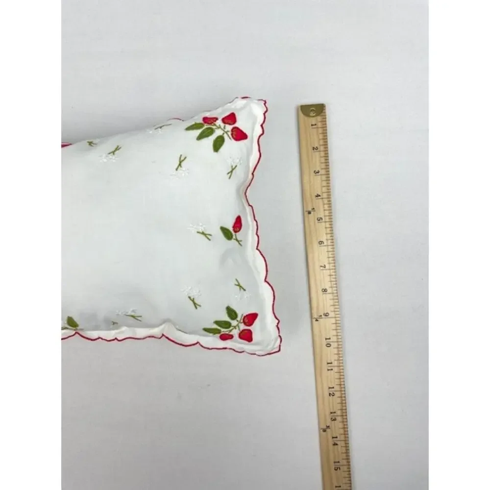 Vintage Embroidered Strawberry Linen Pillow Scalloped Edge Cottagecore 15x9